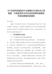 XX市自然資源局關(guān)于全面推行行政執(zhí)法三項制度、行政規(guī)范性文件合法性審核機制落實專項自查情況的報告