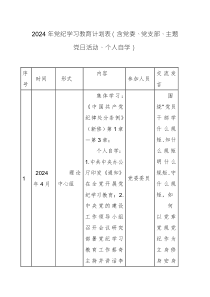 2024年黨紀(jì)學(xué)習(xí)教育計(jì)劃表范文兩篇（含黨委、黨支部、主題黨日活動(dòng)、個(gè)人自學(xué)）
