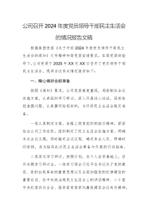 公司召開2024年度黨員領(lǐng)導(dǎo)干部民主生活會(huì)的情況報(bào)告文稿