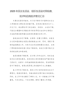 2025年民主生活會(huì)、組織生活會(huì)對照檢查、批評和自我批評意見匯總
