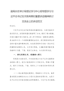 審計(jì)機(jī)關(guān)副領(lǐng)隊(duì)在理論學(xué)習(xí)中心組專題學(xué)習(xí)習(xí)近平總書記在河南考察時(shí)重要講話精神研討交流會(huì)上的講話范文